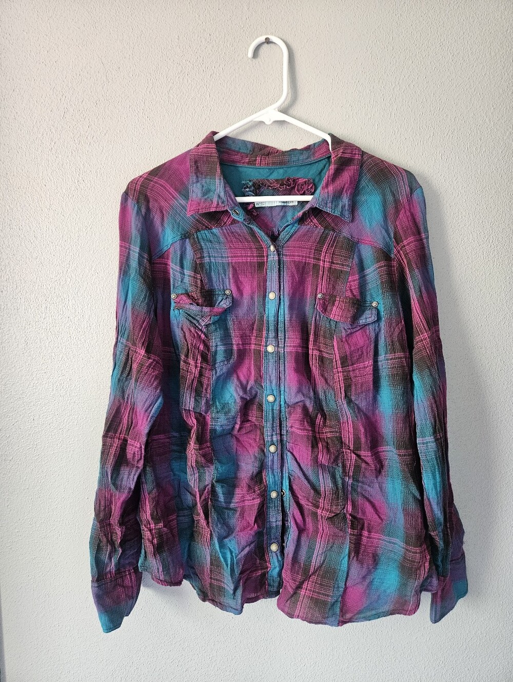 Maurices Plaid Button-Down Shirt in Pink and Teal